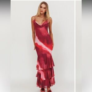 HERE COMES THE SUN Pink Oskar Tiered Ruffle Hem Mermaid Maxi Dress Small 4